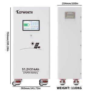 Kepworth LiFePO4 51.2V 314Ah • 16.07kWh • BMS 200A • Bluetooth • LCD 7″