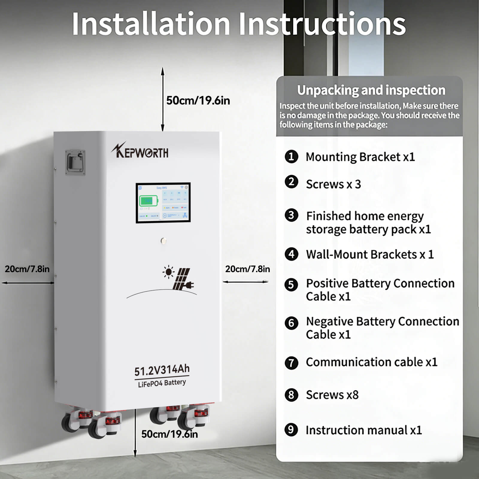 Kepworth LiFePO4 51.2V 314Ah • 16.07kWh • BMS 200A • Bluetooth • LCD 7″