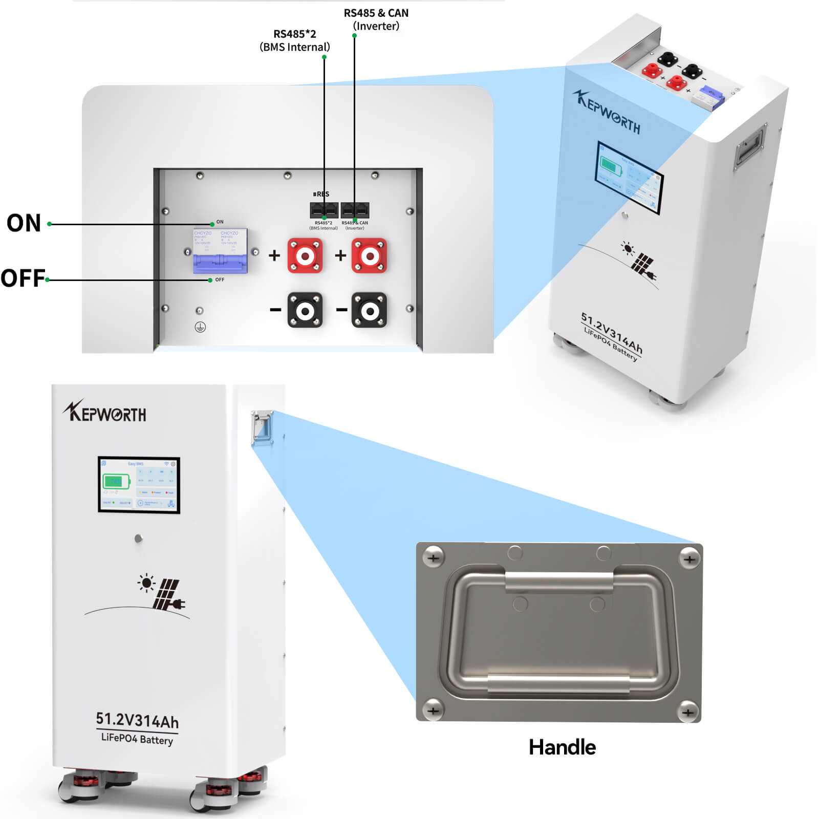 Kepworth LiFePO4 51.2V 314Ah • 16.07kWh • BMS 200A • Bluetooth • LCD 7″