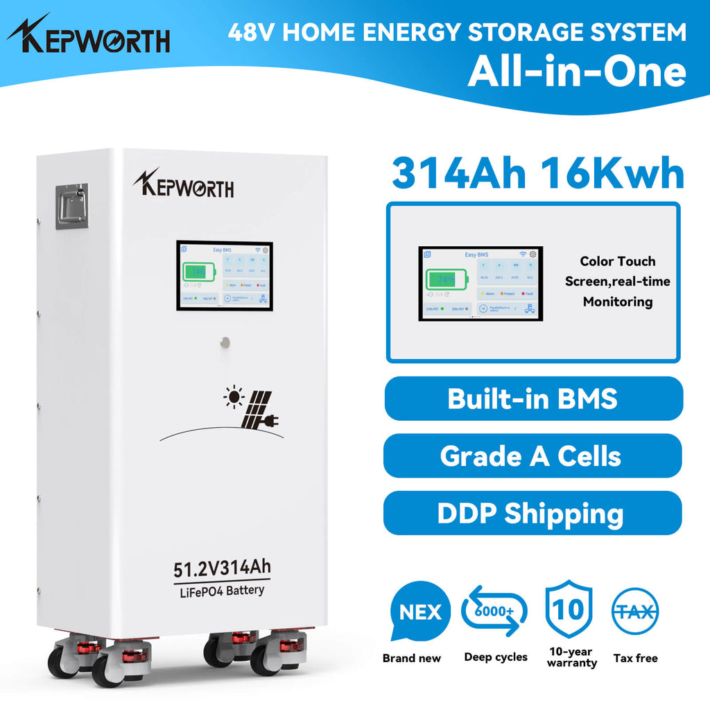 Kepworth LiFePO4 51.2V 314Ah • 16.07kWh • BMS 200A • Bluetooth • LCD 7″