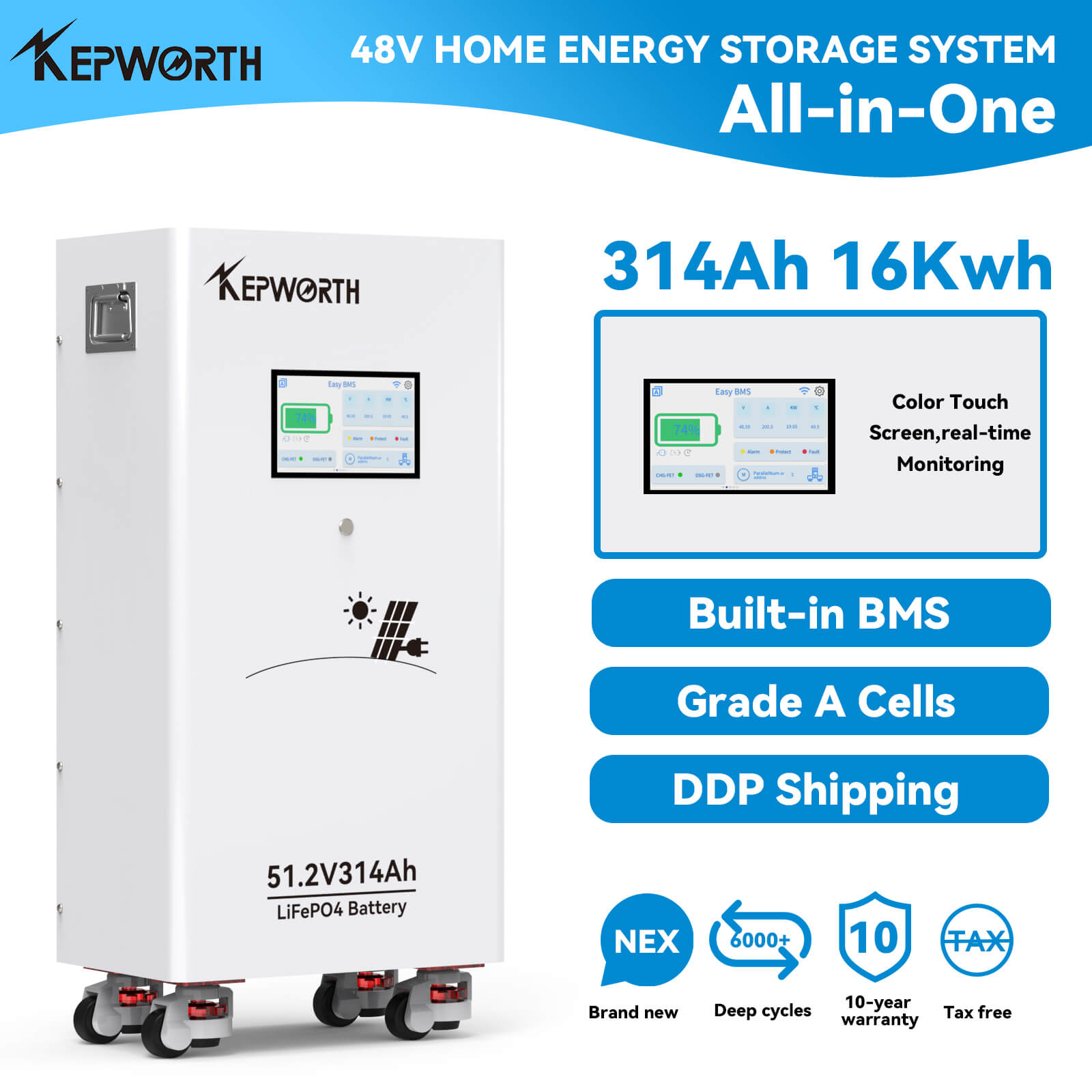 Kepworth LiFePO4 51.2V 314Ah • 16.07kWh • BMS 200A • Bluetooth • LCD 7″