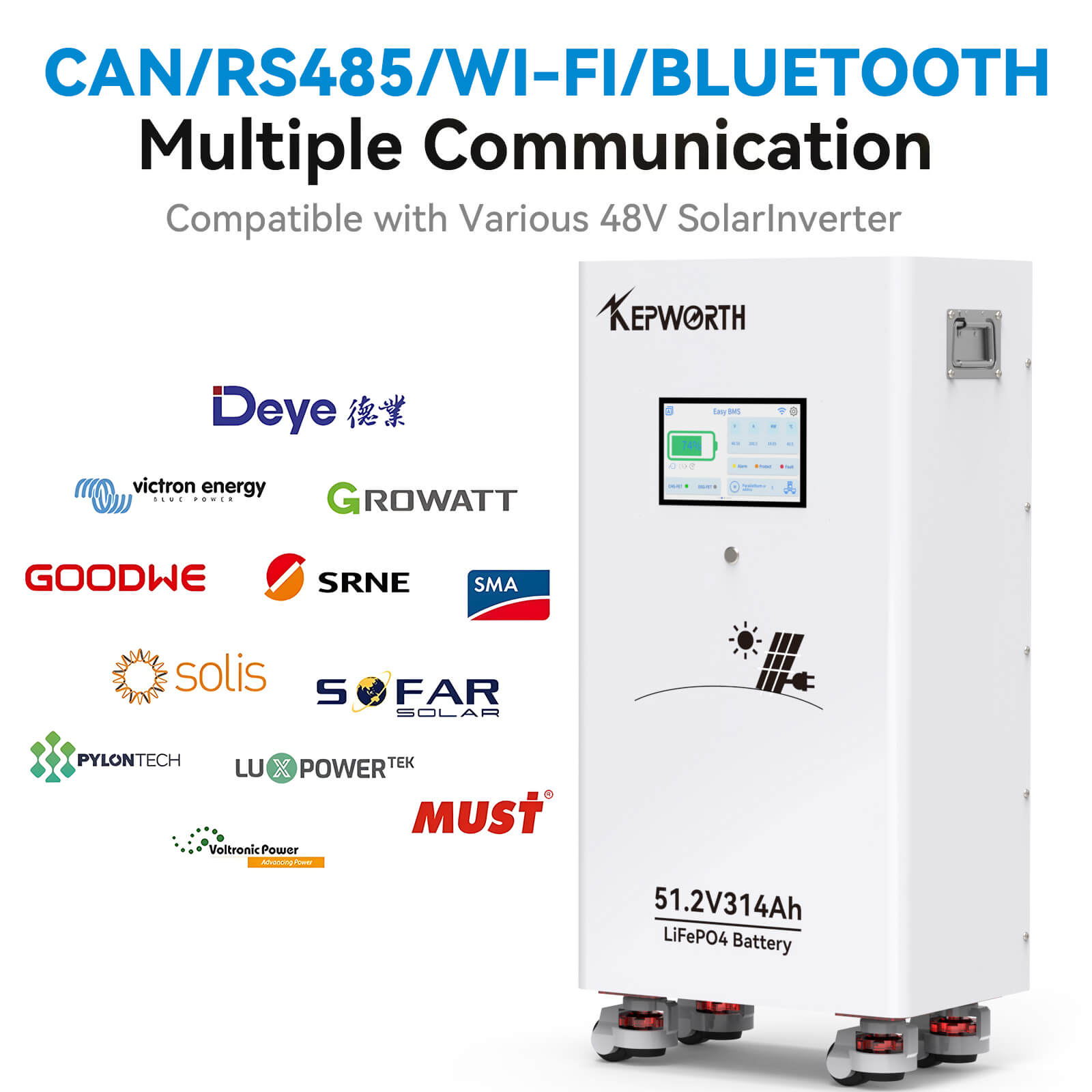 Kepworth LiFePO4 51.2V 314Ah • 16.07kWh • BMS 200A • Bluetooth • LCD 7″