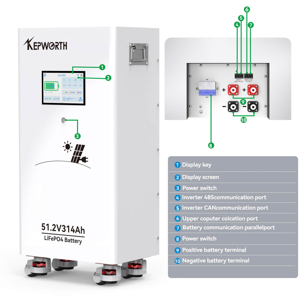 Kepworth LiFePO4 51.2V 314Ah • 16.07kWh • BMS 200A • Bluetooth • LCD 7″