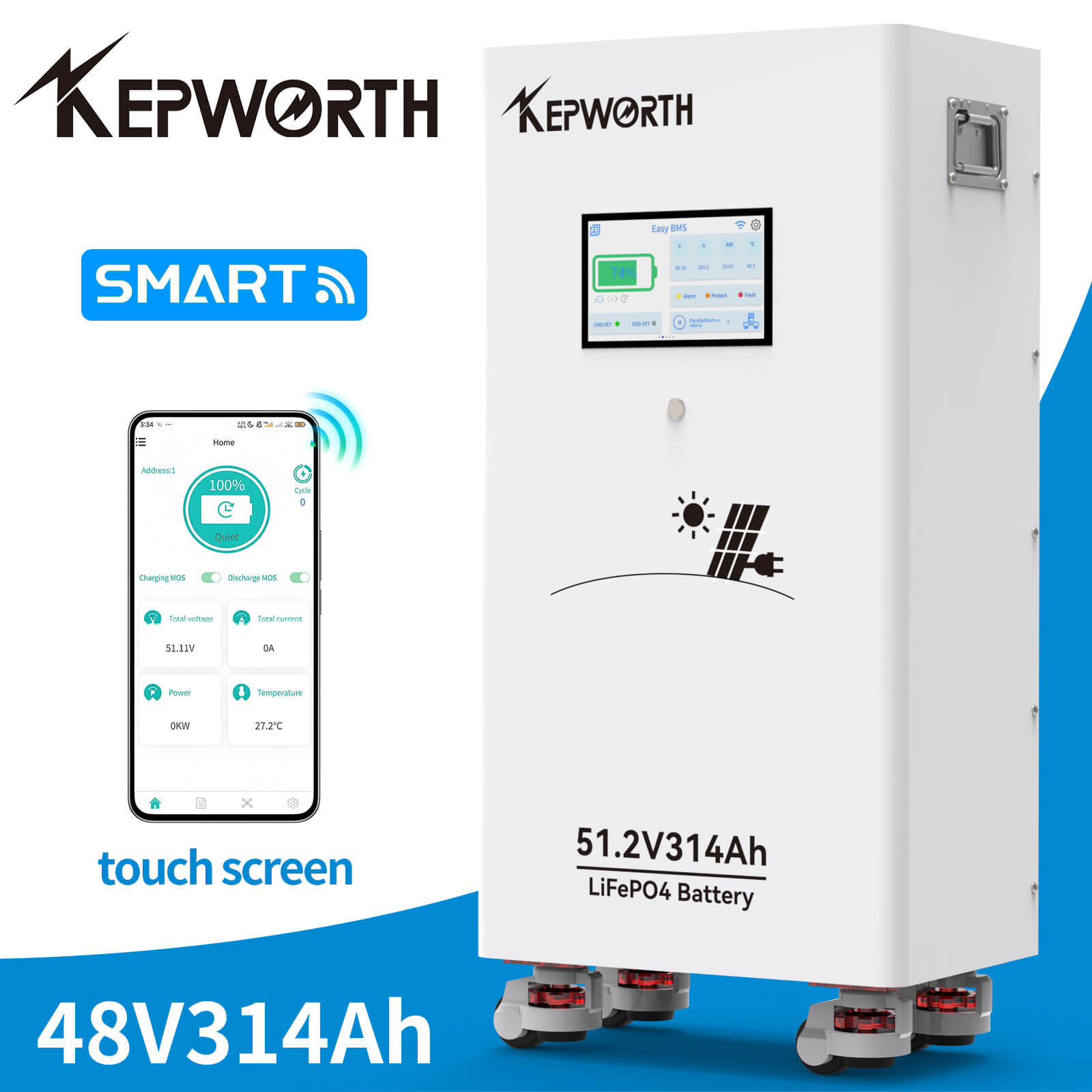 Kepworth LiFePO4 51.2V 314Ah • 16.07kWh • BMS 200A • Bluetooth • LCD 7″