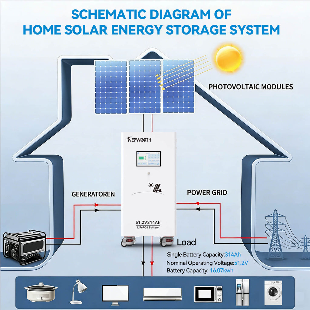 Kepworth LiFePO4 51.2V 314Ah • 16.07kWh • BMS 200A • Bluetooth • LCD 7″