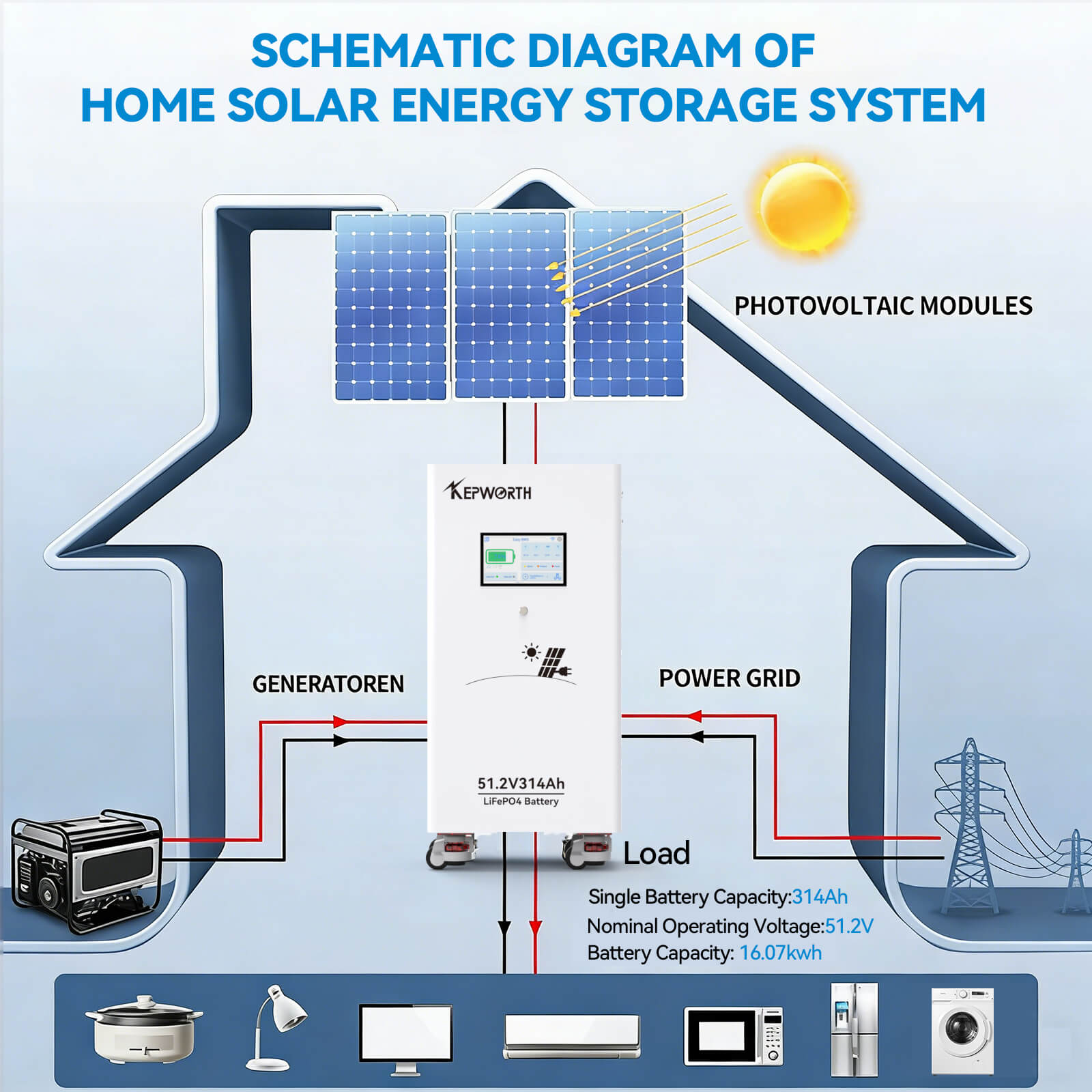 Kepworth LiFePO4 51.2V 314Ah • 16.07kWh • BMS 200A • Bluetooth • LCD 7″