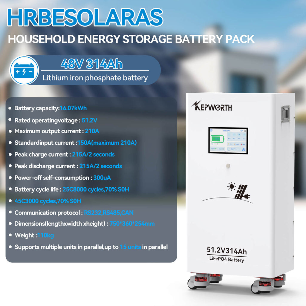 Kepworth LiFePO4 51.2V 314Ah • 16.07kWh • BMS 200A • Bluetooth • LCD 7″