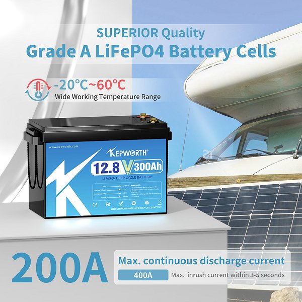 Kepworth LiFePO4 12.8V 300Ah • BMS 200A • 6000 Ciclos