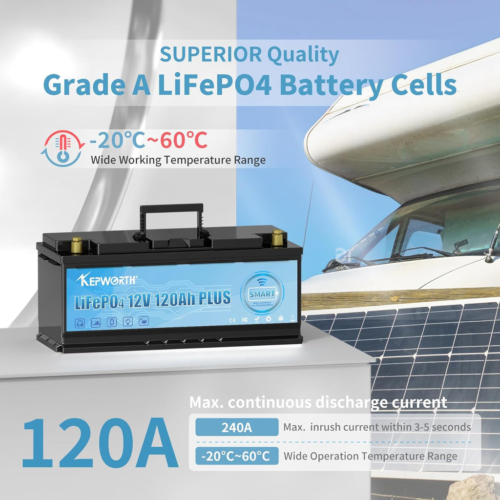 Kepworth LiFePO4 Battery 12.8V 120Ah • Charger • Bluetooth 6000 Cycles