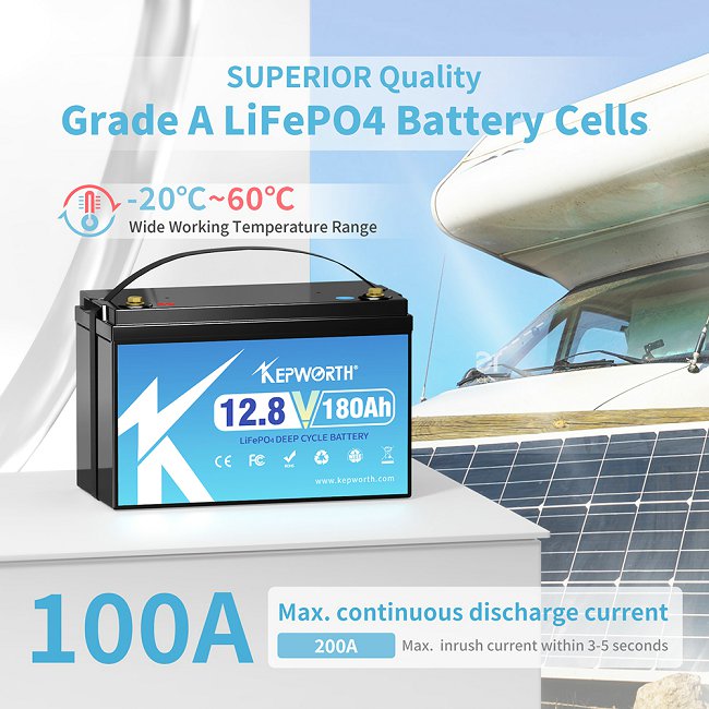 Kepworth LiFePO4 12.8V 180Ah • BMS 100A • Carregador • 6000 Ciclos