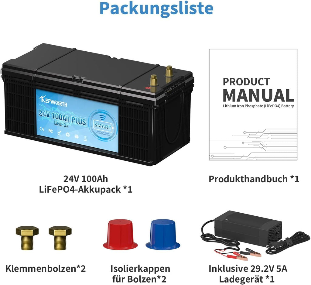 Kepworth LiFePO4 24V 100Ah Plus • Bluetooth • Carregador • BMS 100A