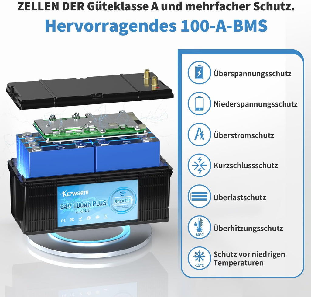 Kepworth LiFePO4 24V 100Ah Plus • Bluetooth • Carregador • BMS 100A