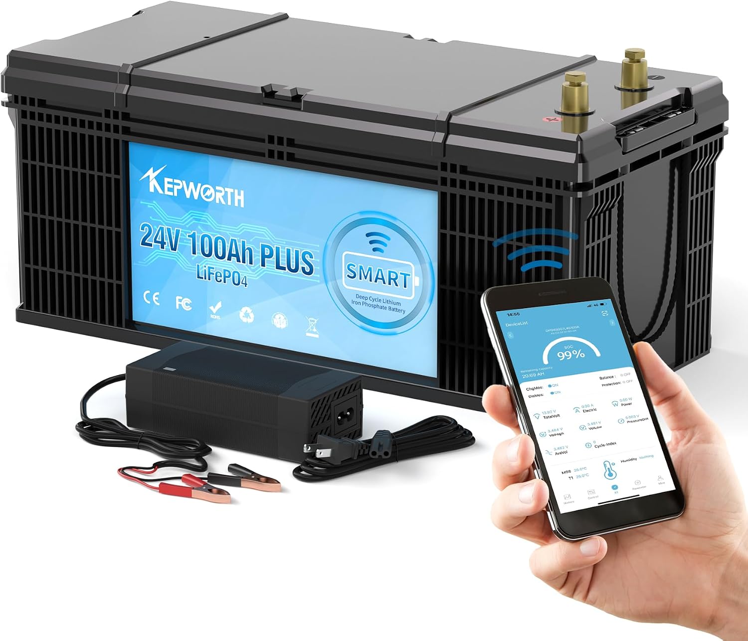 Kepworth LiFePO4 24V 100Ah Plus • Bluetooth • Carregador • BMS 100A